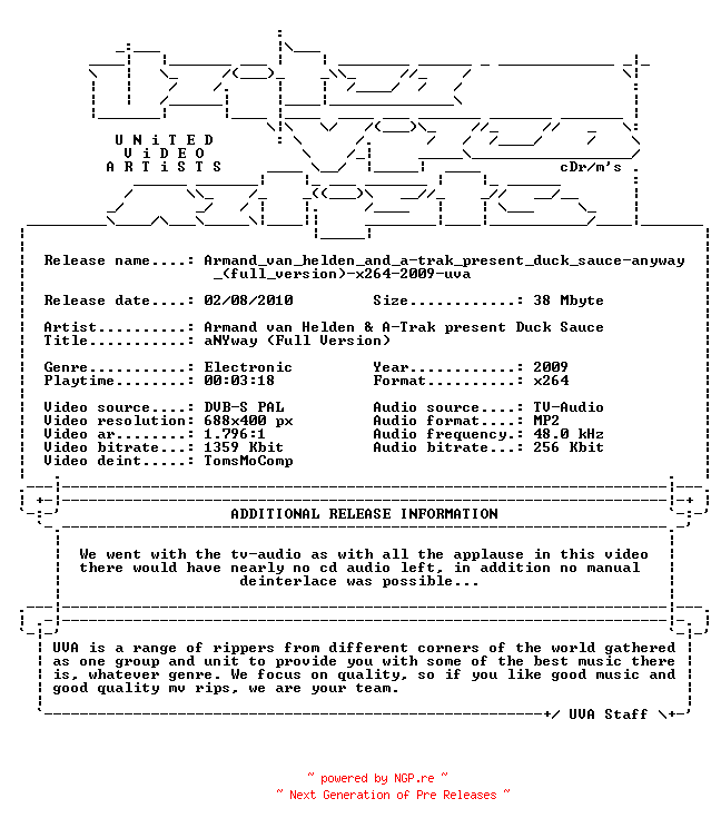 NFO for the release Armand_van_helden_and_a-trak_present_duck_sauce-anyway_(full_version)-x264-2009-uva by uva