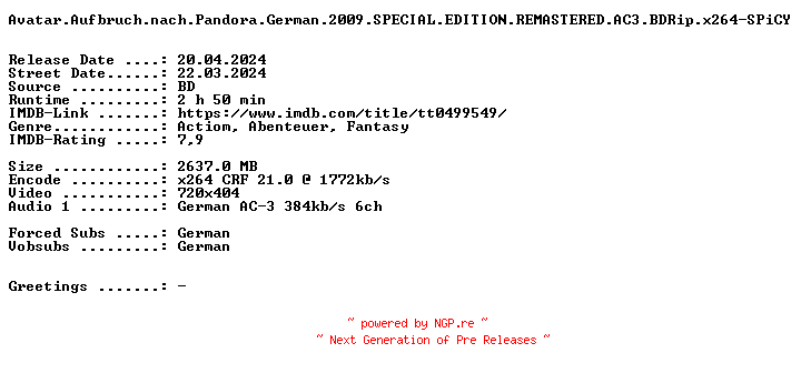 NFO for the release Avatar.Aufbruch.nach.Pandora.German.2009.SPECIAL.EDITION.REMASTERED.AC3.BDRip.x264-SPiCY by SPiCY