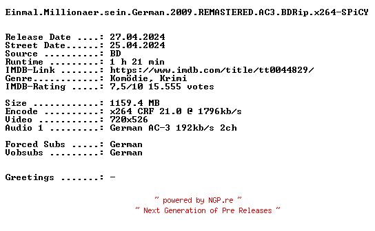 NFO for the release Einmal.Millionaer.sein.German.1951.REMASTERED.AC3.BDRip.x264-SPiCY by SPiCY
