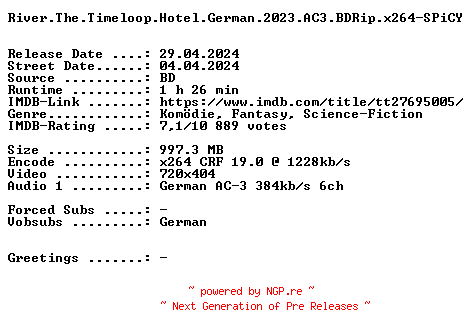 NFO for the release River.The.Timeloop.Hotel.German.2023.AC3.BDRip.x264-SPiCY by SPiCY