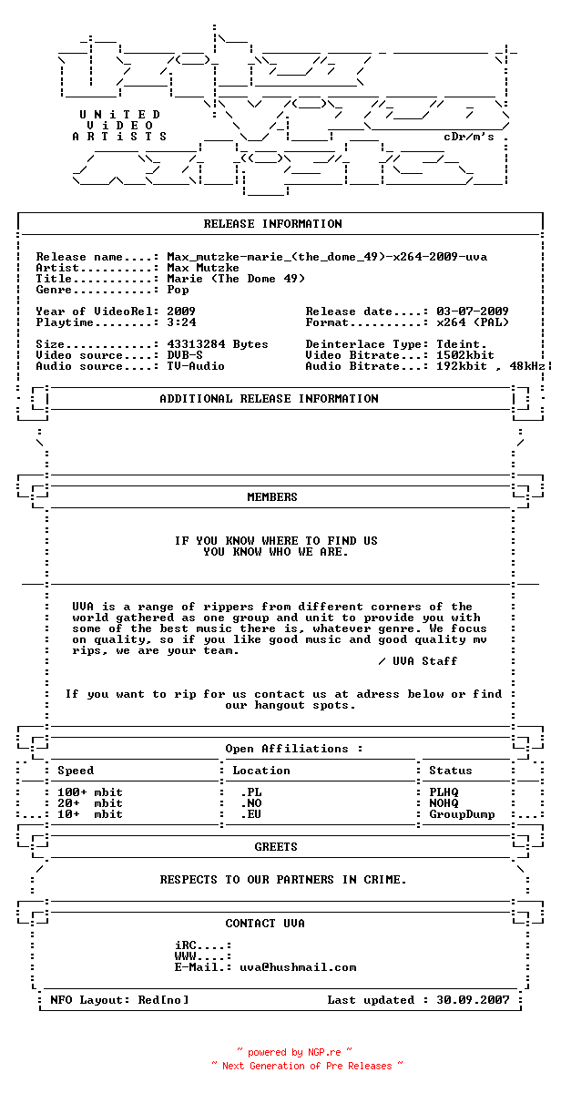NFO for the release Max_mutzke-marie_(the_dome_49)-x264-2009-uva by uva