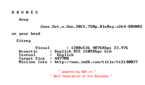 NFO for the release Jane.Got.a.Gun.2015.720p.BluRay.x264-DRONES by DRONES