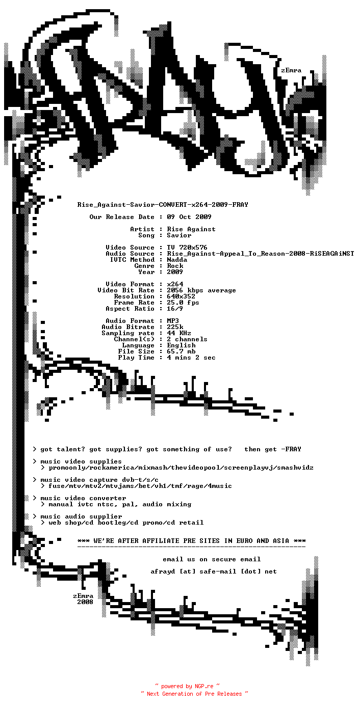 NFO for the release Rise_Against-Savior-CONVERT-x264-2009-FRAY by FRAY