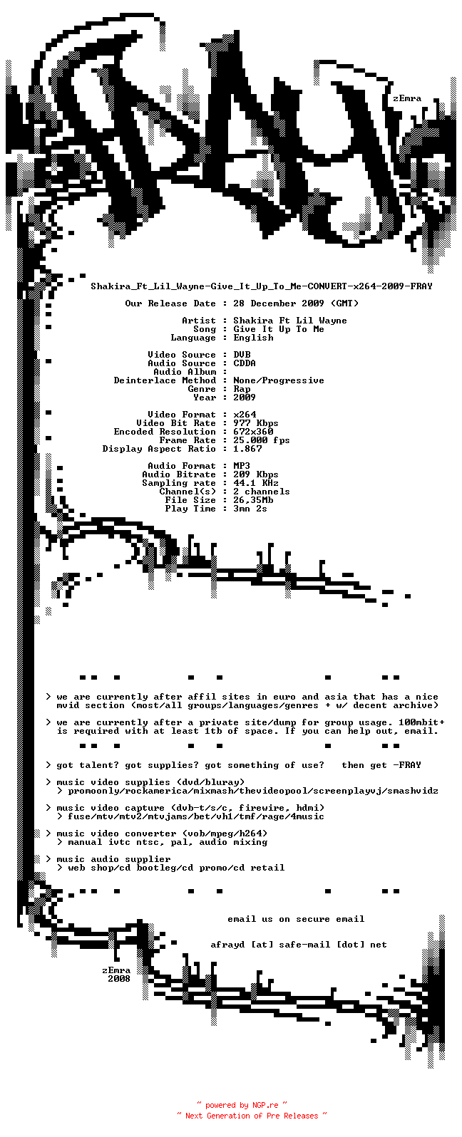 NFO for the release Shakira_Ft_Lil_Wayne-Give_It_Up_To_Me-CONVERT-x264-2009-FRAY by FRAY