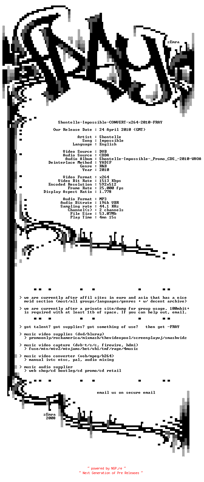 NFO for the release Shontelle-Impossible-CONVERT-x264-2010-FRAY by FRAY