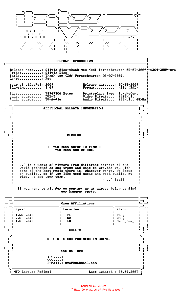 NFO for the release Silvia_dias-thank_you_(zdf_fernsehgarten_05-07-2009)-x264-2009-uva by uva
