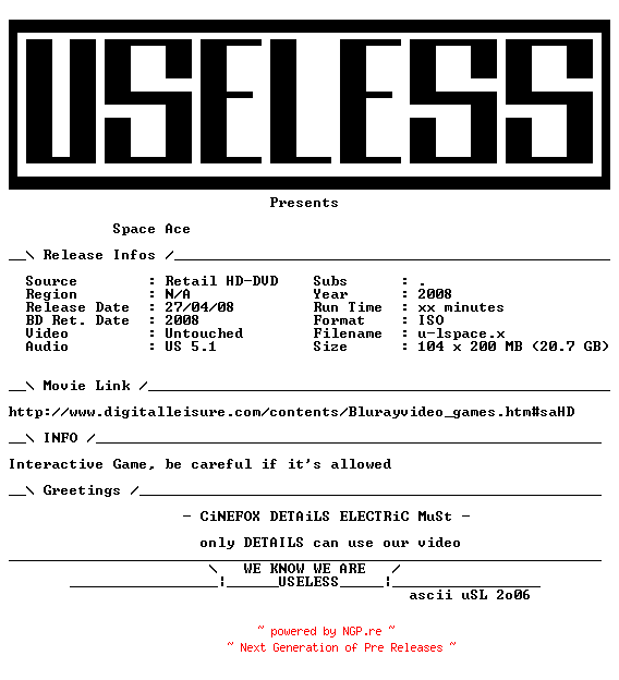 NFO for the release Space.Ace.MULTi.READNFO.BLURAY-USELESS by USELESS