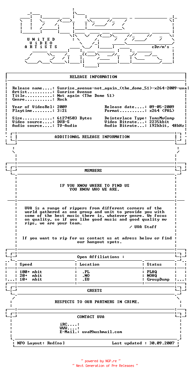 NFO for the release Sunrise_avenue-not_again_(the_dome_51)-x264-2009-uva by uva