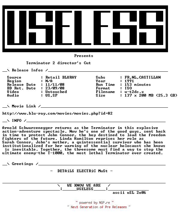 NFO for the release Terminator.2.1991.Directors.Cut.MULTi.BLURAY-USELESS by USELESS