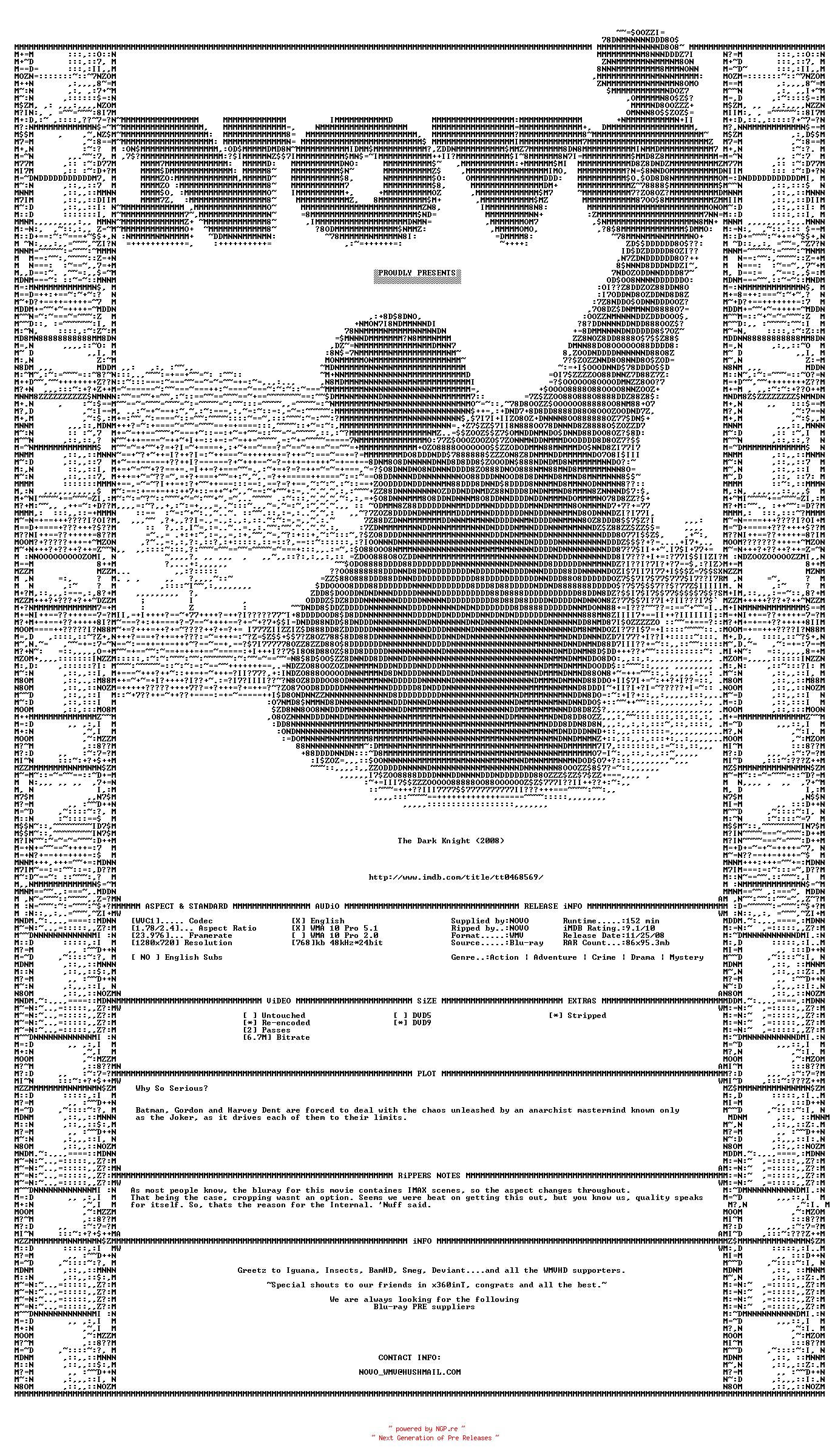 NFO for the release The.Dark.Knight.2008.BluRay.720p.VC1.5.1.WMV.INTERNAL-NOVO by NOVO