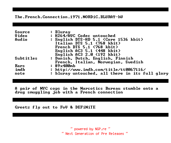 NFO for the release The.French.Connection.1971.NORDiC.BLURAY-hV by hV