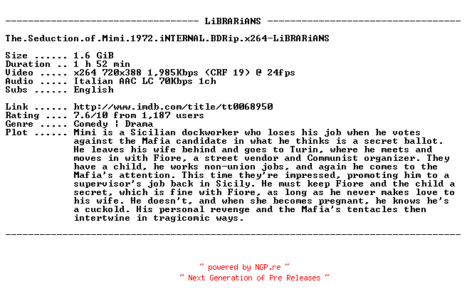 NFO for the release The.Seduction.of.Mimi.1972.iNTERNAL.BDRip.x264-LiBRARiANS by LiBRARiANS