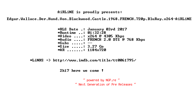 NFO for the release Edgar.Wallace.Der.Hund.Von.Blackwood.Castle.1968.FRENCH.720p.BluRay.x264-AiRLiNE by AiRLiNE