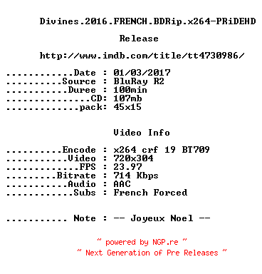 NFO for the release Divines.2016.FRENCH.BDRip.x264-PRiDEHD by PRiDEHD