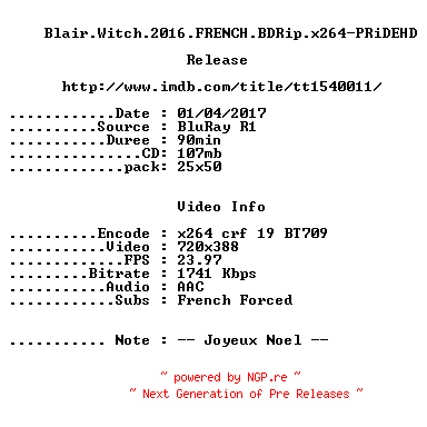 NFO for the release Blair.Witch.2016.FRENCH.BDRip.x264-PRiDEHD by PRiDEHD