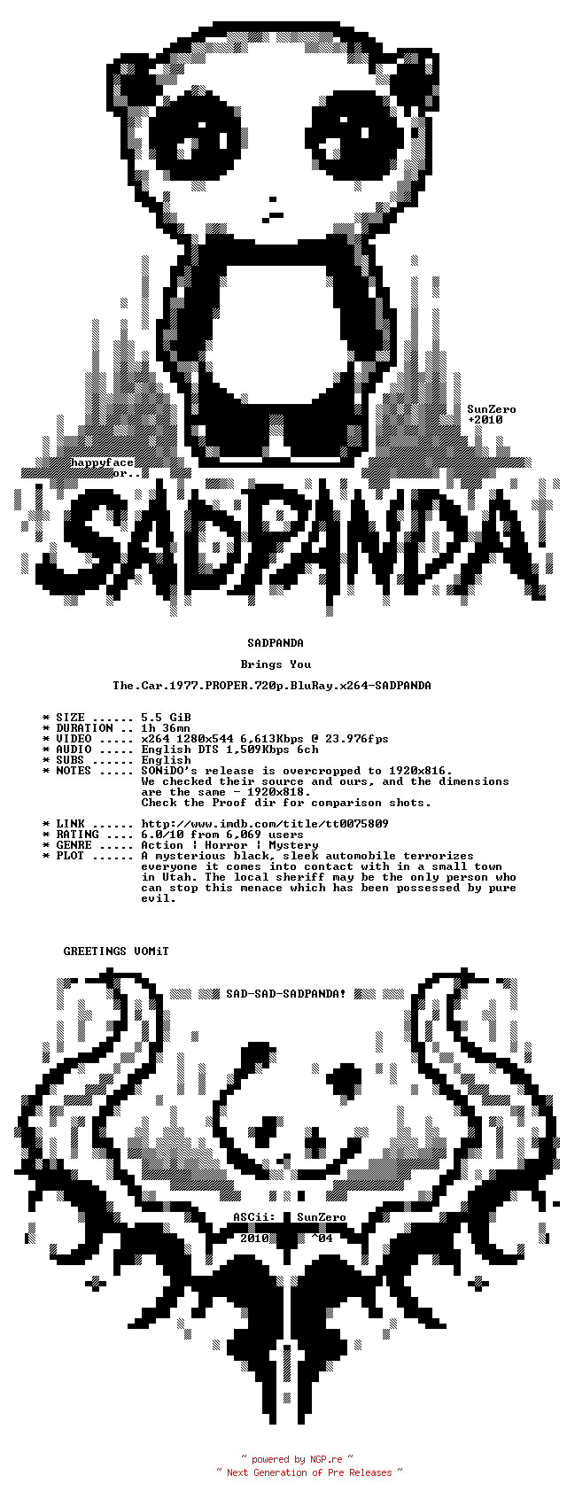 NFO for the release The.Car.1977.PROPER.720p.BluRay.x264-SADPANDA by SADPANDA