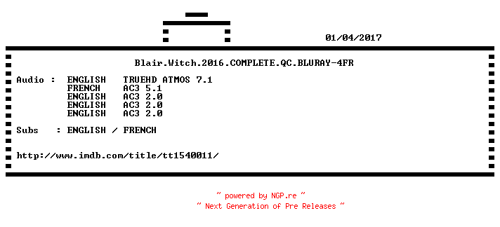 NFO for the release Blair.Witch.2016.COMPLETE.QC.BLURAY-4FR by 4FR