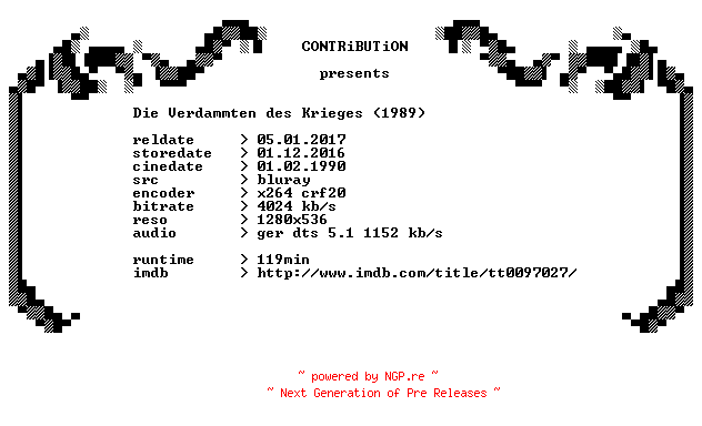 NFO for the release Die.Verdammten.des.Krieges.EXTENDED.1989.German.720p.BluRay.x264-CONTRiBUTiON by CONTRiBUTiON