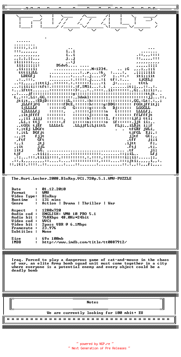 NFO for the release The.Hurt.Locker.2008.BluRay.VC1.720p.5.1.WMV-PUZZLE by PUZZLE