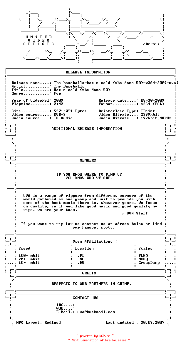 NFO for the release The_baseballs-hot_n_cold_(the_dome_50)-x264-2009-uva by uva