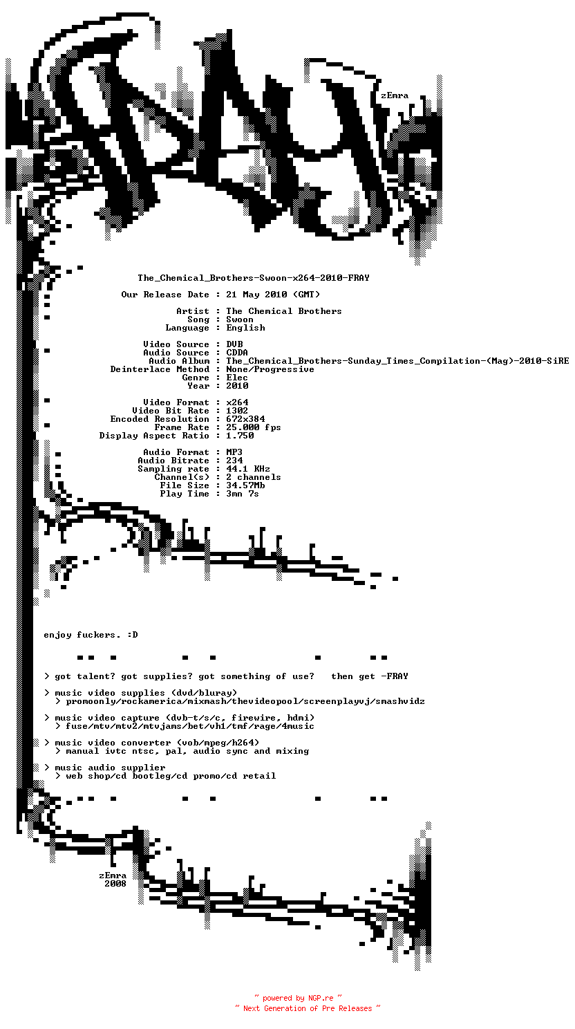 NFO for the release The_Chemical_Brothers-Swoon-x264-2010-FRAY by FRAY
