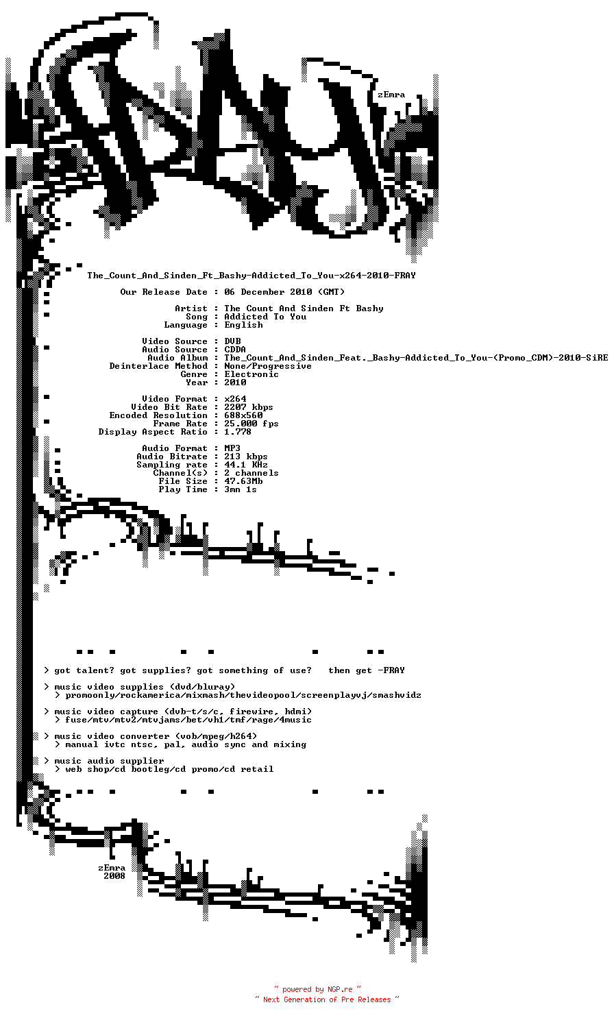 NFO for the release The_Count_And_Sinden_Ft_Bashy-Addicted_To_You-x264-2010-FRAY by FRAY