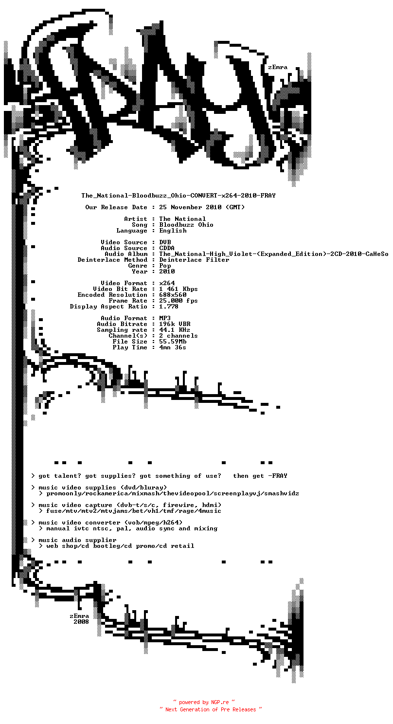 NFO for the release The_National-Bloodbuzz_Ohio-CONVERT-x264-2010-FRAY by FRAY