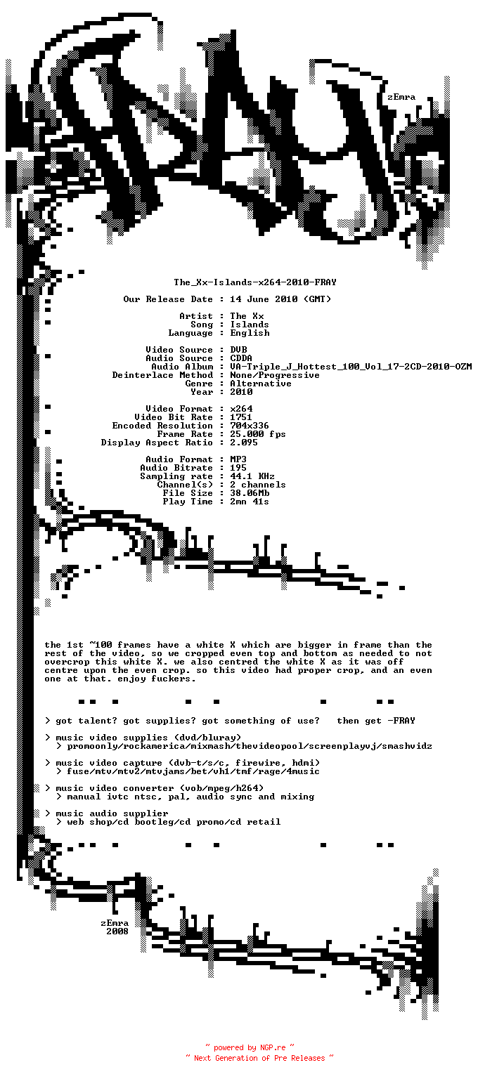NFO for the release The_XX-Islands-x264-2010-FRAY by FRAY