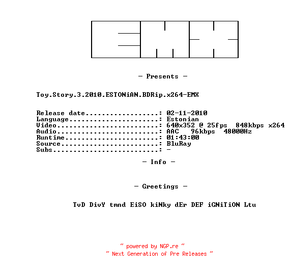 NFO for the release Toy.Story.3.2010.ESTONiAN.BDRip.x264-EMX by EMX