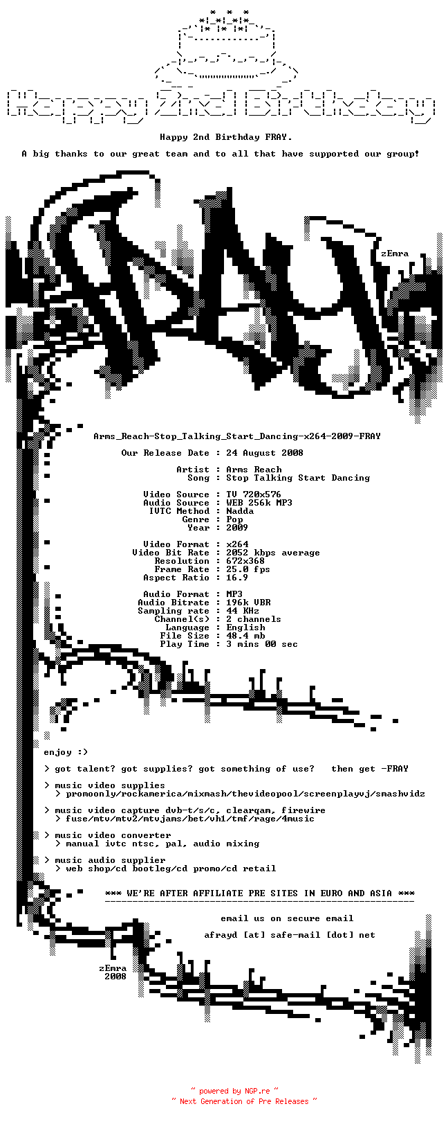 NFO for the release Arms_Reach-Stop_Talking_Start_Dancing-x264-2009-FRAY by FRAY