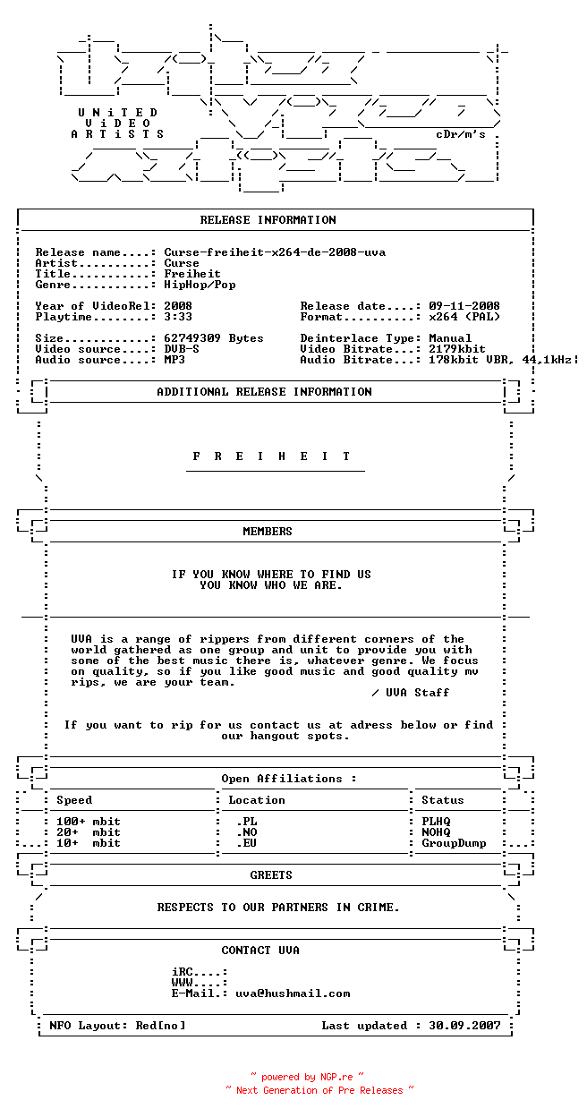 NFO for the release Curse-freiheit-x264-de-2008-uva by uva