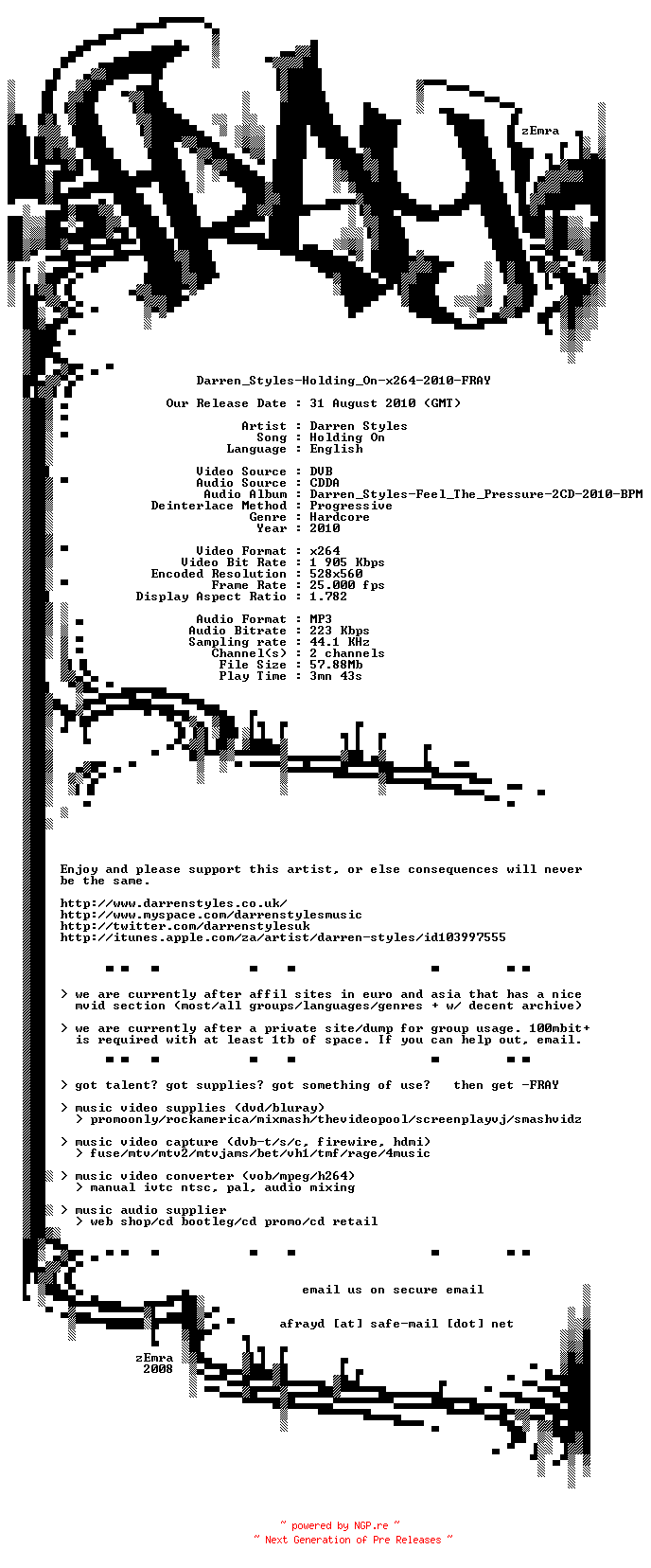 NFO for the release Darren_Styles-Holding_On-x264-2010-FRAY by FRAY