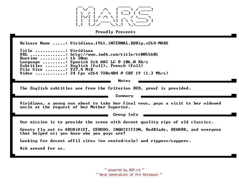 NFO for the release Viridiana.1961.iNTERNAL.BDRip.x264-MARS by MARS