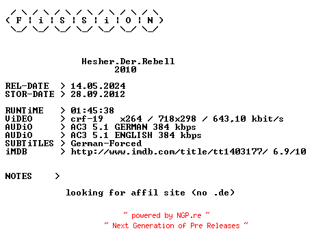 NFO for the release Hesher.Der.Rebell.German.2010.DL.BDRiP.x264.iNTERNAL-FiSSiON by FiSSiON