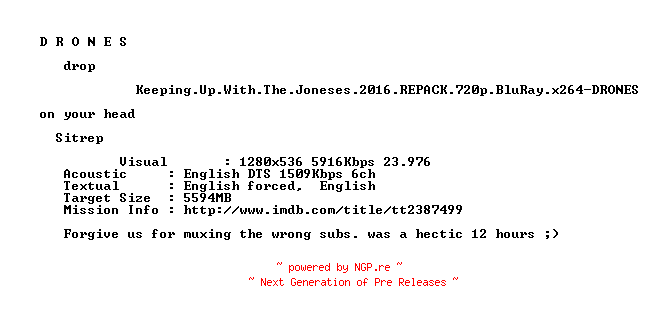 NFO for the release Keeping.Up.With.The.Joneses.2016.REPACK.720p.BluRay.x264-DRONES by DRONES