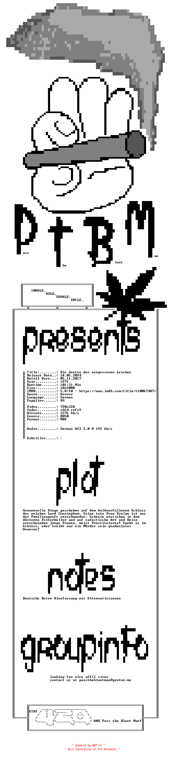NFO for the release Die.Grotte.Der.Vergessenen.Leichen.1971.UNCUT.KiNOFASSUNG.GERMAN.BDRiP.x264-PtBM by PtBM
