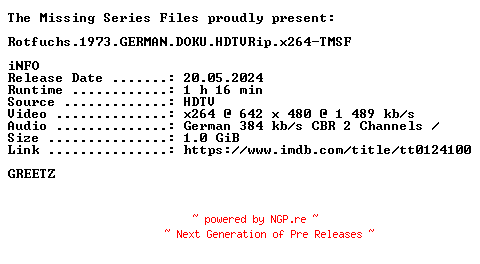 NFO for the release Rotfuchs.1973.GERMAN.HDTVRip.x264-TMSF by TMSF