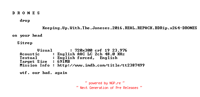 NFO for the release Keeping.Up.With.The.Joneses.2016.REAL.REPACK.BDRip.x264-DRONES by DRONES