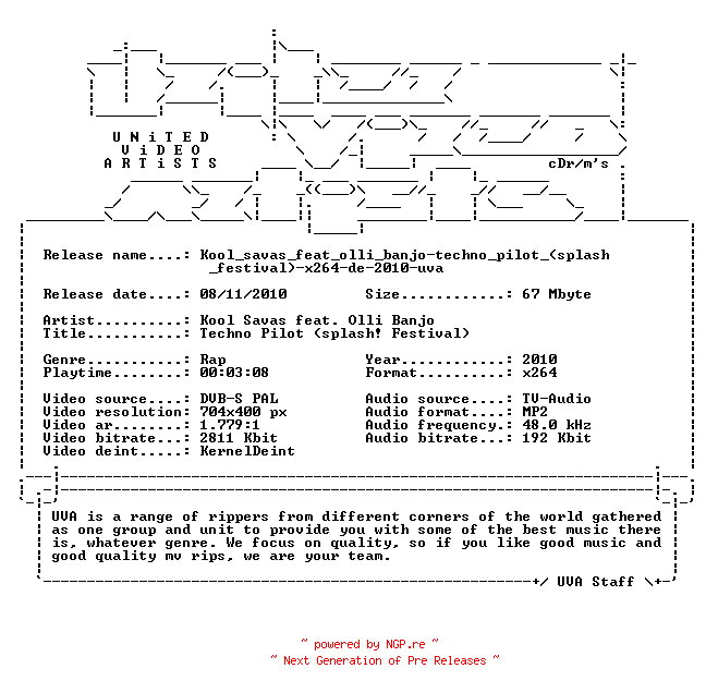 NFO for the release Kool_savas_feat_olli_banjo-techno_pilot_(splash_festival)-x264-de-2010-uva by uva