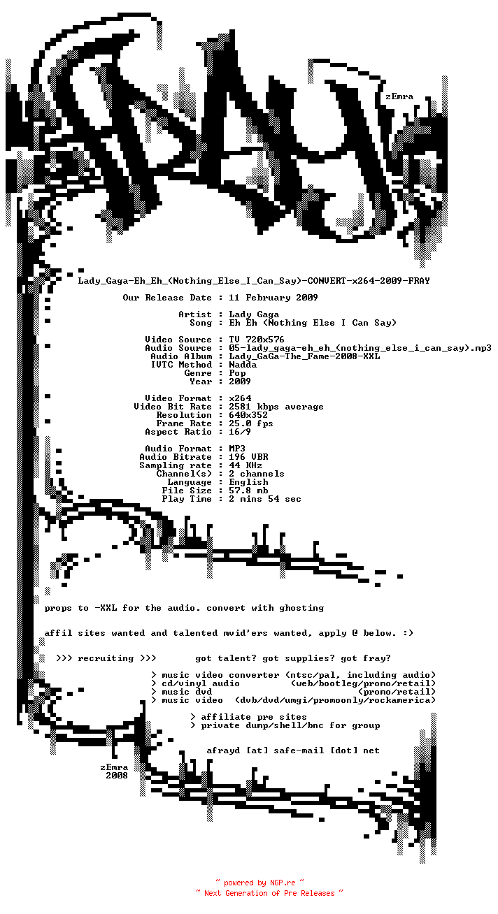 NFO for the release Lady_Gaga-Eh_Eh_(Nothing_Else_I_Can_Say)-CONVERT-x264-2009-FRAY by FRAY