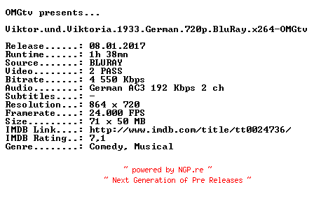 NFO for the release Viktor.und.Viktoria.1933.German.720p.BluRay.x264-OMGtv by OMGtv
