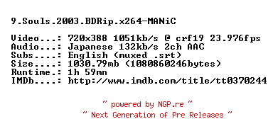 NFO for the release 9.Souls.2003.iNTERNAL.BDRip.x264-MANiC by MANiC