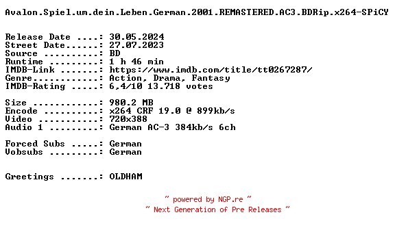 NFO for the release Avalon.Spiel.um.dein.Leben.German.2001.REMASTERED.AC3.BDRip.x264-SPiCY by SPiCY