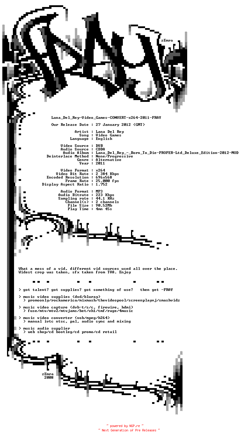 NFO for the release Lana_Del_Rey-Video_Games-CONVERT-x264-2011-FRAY by FRAY
