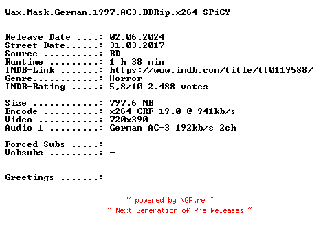 NFO for the release Wax.Mask.German.1997.AC3.BDRip.x264-SPiCY by SPiCY