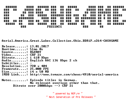 NFO for the release Aerial.America.Great.Lakes.Collection.Ohio.BDRiP.x264-CASHGAME by CASHGAME