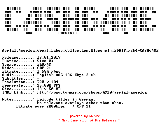 NFO for the release Aerial.America.Great.Lakes.Collection.Wisconsin.BDRiP.x264-CASHGAME by CASHGAME