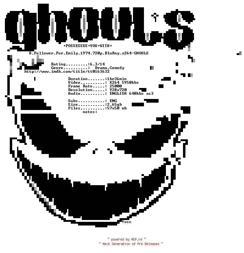 NFO for the release A.Follower.For.Emily.1974.720p.BluRay.x264-GHOULS by GHOULS