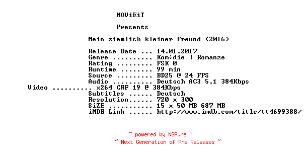 NFO for the release Mein.ziemlich.kleiner.Freund.German.2016.AC3.BDRip.x264-MOViEiT by MOViEiT