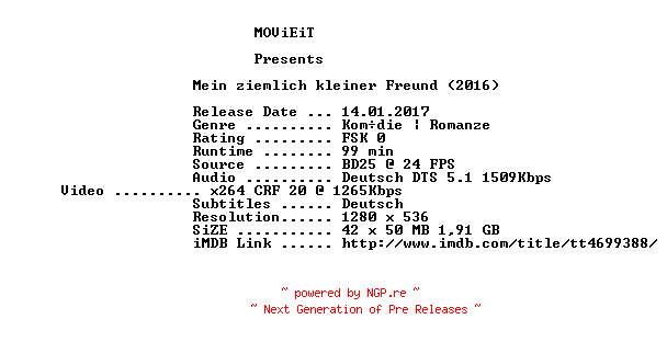 NFO for the release Mein.ziemlich.kleiner.Freund.2016.German.720p.BluRay.x264-MOViEiT by MOViEiT